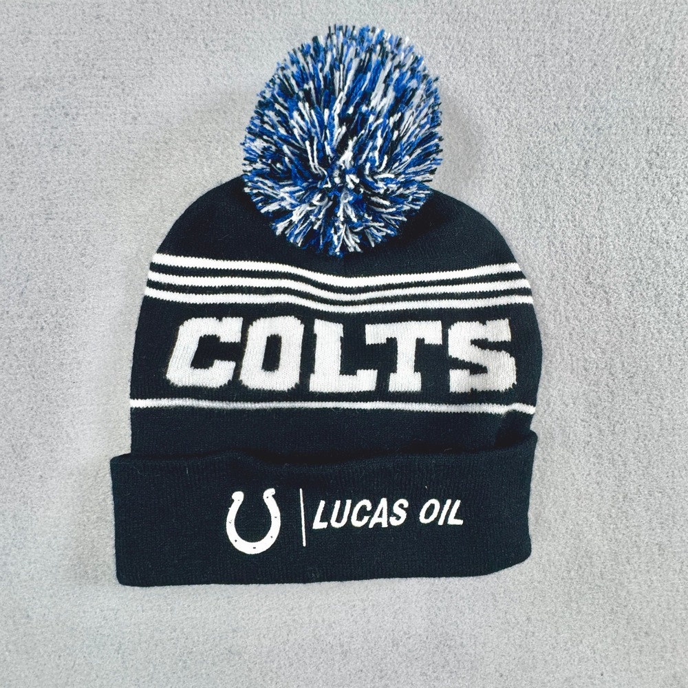 Indianapolis Colts Lucas Oil Beanie Hat Mens Womens Blue Black Pom Knit Cap NFL